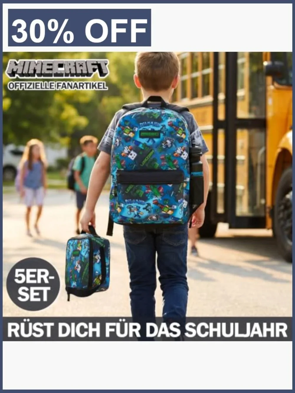 Minecraft Backpack Set for Boys Lunch Bag Water Bottle Lanyard Charm 5pc